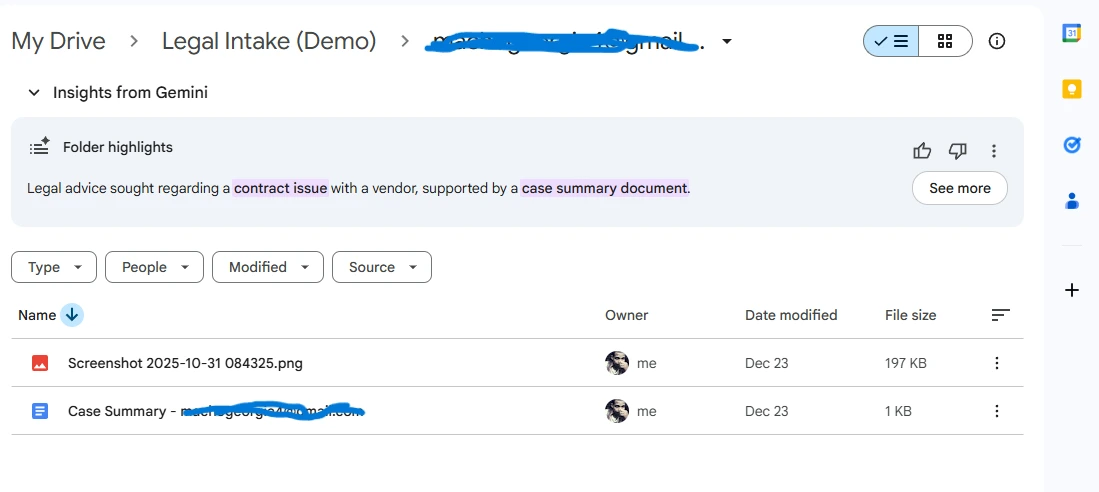 Google Drive showing automatically created legal case folders with AI-generated case summary documents